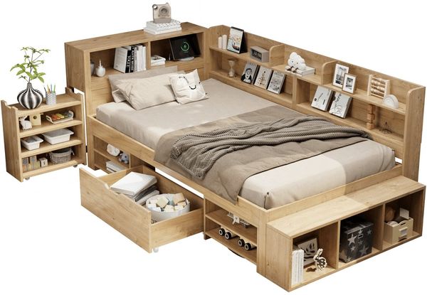 SeedWave Holzbett Tagesbett mit USB- / Kabelloser-Ladefunktion, Nachttisch, 90/140×200cm, Stauraumbett mit 1× Rollenschublade, Staufächern
