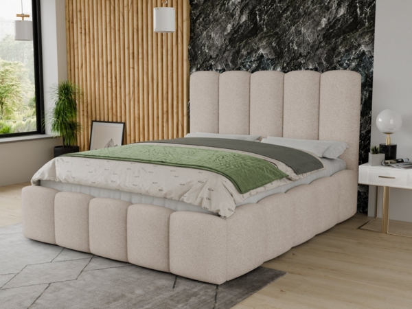 Polsterbett Aura - Bettkasten mit Gasdruckfedern - Doppelbett mit Lattenrost, Bett mit Polsterkopfteil, Bettgestell, Schlafzimmer, Bouclé-Stoff (140 x 200 cm, Beige (Coral 65))