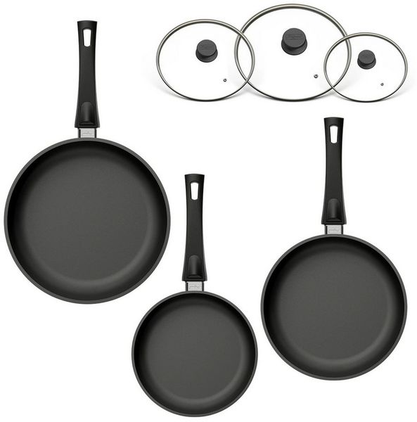 Hoffmann Germany Pfannen-Set STONIQ Bratpfannen 3er Ø 20+24+28 cm IQ-SHIELD – Made in Germany, Aluguss (Set, 3-tlg, 1x Bratpfanne Ø 20 cm + 1x Ø 24 cm + 1x Ø 28 cm), Gesamtvolumen 3,2 l, abnehmbarer Stielgriff, Induktion, PFAS-frei
