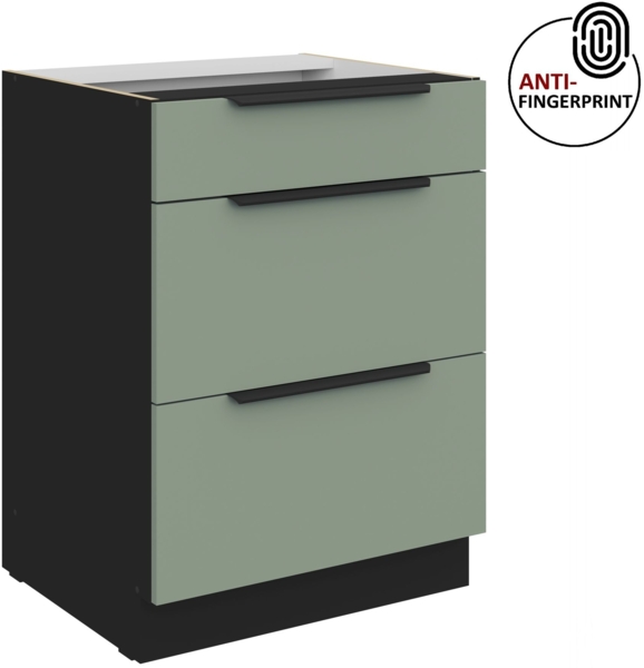 Küchen Unterschrank 60 cm Küche ARIA Aquamarin ultra matt + Schwarz matt, hochwertige Fronten mit Anti Fingerprint Beschichtung, Soft-Close Küchenzeile Küchenblock