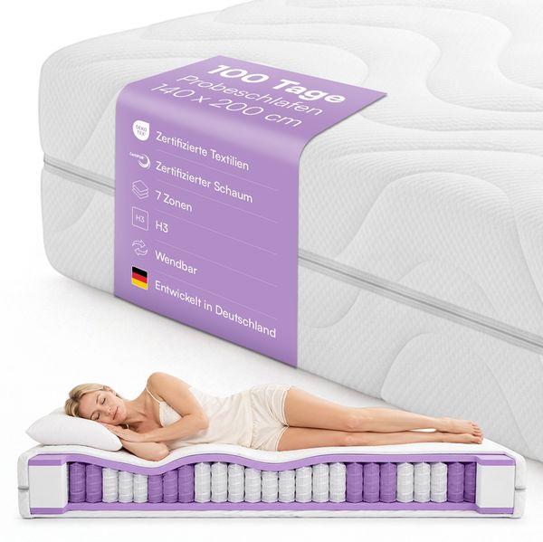 Bellamio 'Lift' Taschenfederkernmatratze 140x200cm, ergonomische 7 Zonen Matratze H3 mittelfest, punktelastisch, wendbar, atmungsaktiver & waschbarer Bezug, aus zertifizierten Materialien