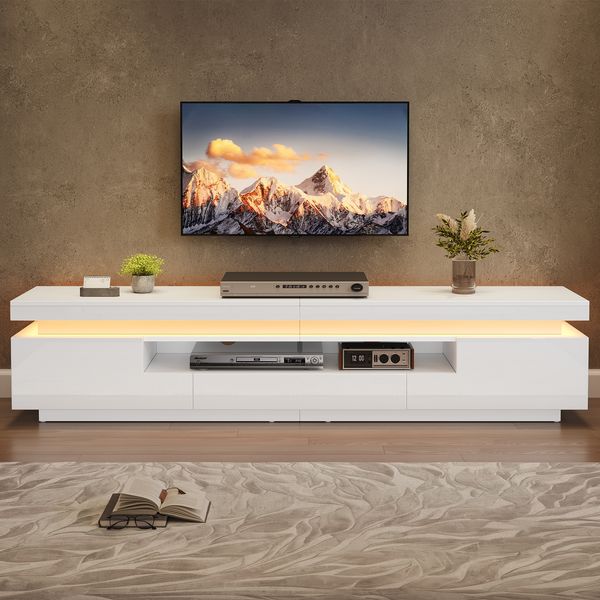 TV-Schrank 175x38x45 cm, weiß, Hochglanz mit LED, 2 Türen, 1 Schublade und halboffenem Fach