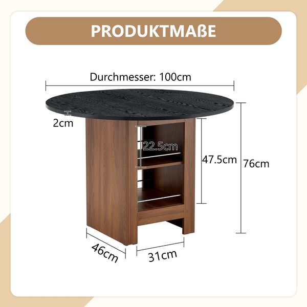 Moderner runder Esstisch mit Stauraumregal, Walnuss-Holzmaserung & Metallrahmen, 100cm Durchmesser, 2-4 Personen, ideal für Küche, Esszimmer & kleine Räume Bild 5