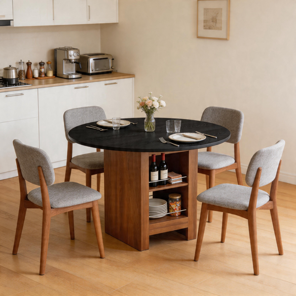 Moderner runder Esstisch mit Stauraumregal, Walnuss-Holzmaserung & Metallrahmen, 100cm Durchmesser, 2-4 Personen, ideal für Küche, Esszimmer & kleine Räume