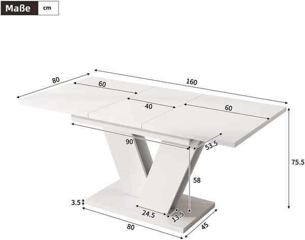 Ausziehbarer Esstisch 120–160 cm, moderner rechteckiger Küchentisch mit V-förmigen Metallbeinen, stabile Tischplatte in Weiß Bild 6