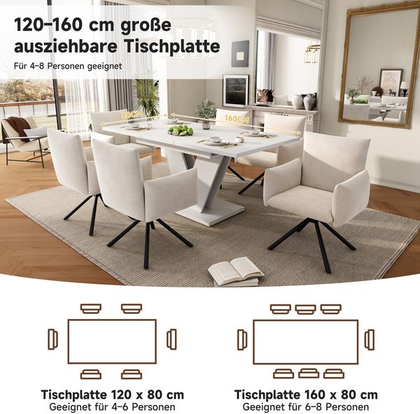 Ausziehbarer Esstisch 120–160 cm, moderner rechteckiger Küchentisch mit V-förmigen Metallbeinen, stabile Tischplatte in Weiß Bild 5