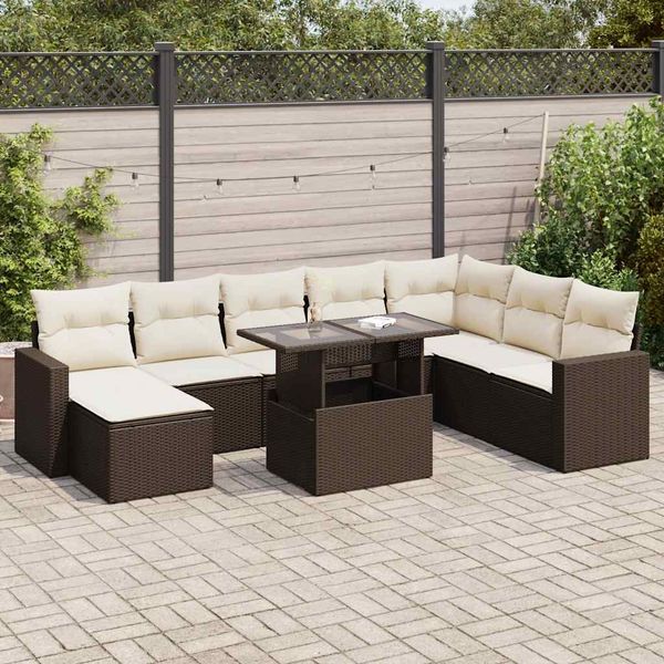vidaXL 9-tlg. Garten-Sofagarnitur mit Kissen Braun Poly Rattan 3326374