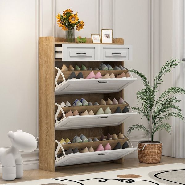 Flieks Schuhschrank (B80/T23,5/H131 cm, 1-St, für ca. 18 Paar Schuhe) Schuhkommode mit 3 Klappen und 2 Schubladen Schuhregal natur&weiß