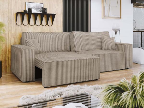 Schlafsofa Kobaro Cord mit L-Funktion, 2 Bettkästen und Schlaffunktion (Farbe: Poso 02)