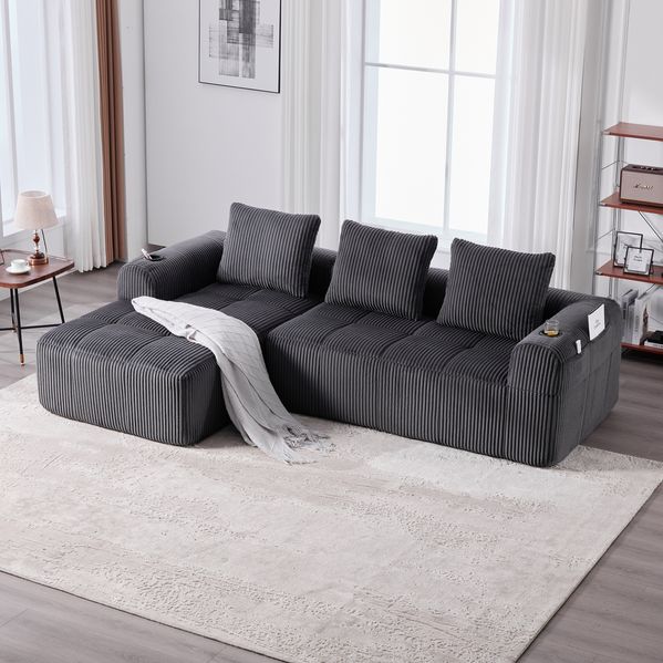 Kompaktsofa 253 x 158 x 61 cm – modulares Cord-Sofa mit Seitenfächern, Becherhaltern und 3 Kissen