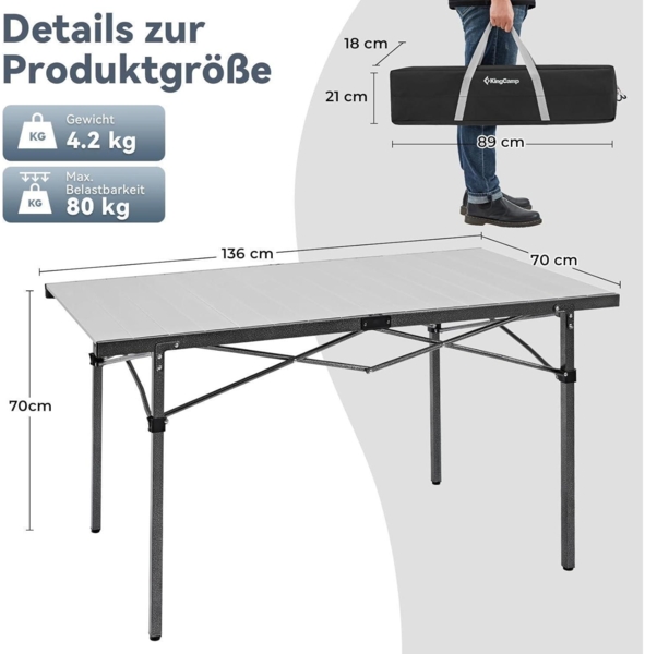 Campingtisch Aluminium faltbar Tischplatte 136x70cm tragbar belastbar 80kg Bild 2
