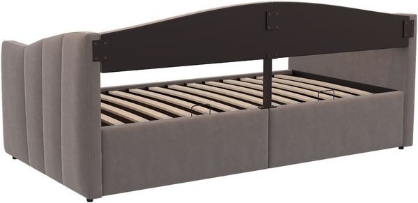 Polsterbett Sofabett 90*200 cm, Mit hydraulischer Lagerung, Mit Lattenrost und Armlehnen, Klassisch Gestreift, Multifunktionales Einzelbett, Hautfreundlicher Samtstoff, Grau Bild 9
