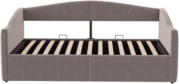 Polsterbett Sofabett 90*200 cm, Mit hydraulischer Lagerung, Mit Lattenrost und Armlehnen, Klassisch Gestreift, Multifunktionales Einzelbett, Hautfreundlicher Samtstoff, Grau Bild 10