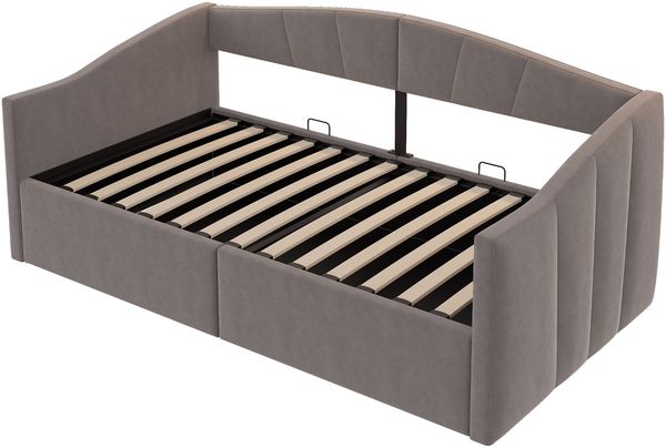 Polsterbett Sofabett 90*200 cm, Mit hydraulischer Lagerung, Mit Lattenrost und Armlehnen, Klassisch Gestreift, Multifunktionales Einzelbett, Hautfreundlicher Samtstoff, Grau Bild 7