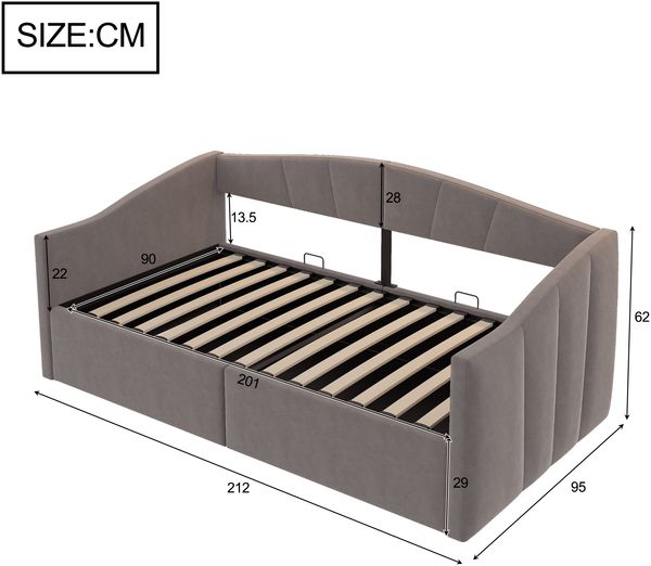 Polsterbett Sofabett 90*200 cm, Mit hydraulischer Lagerung, Mit Lattenrost und Armlehnen, Klassisch Gestreift, Multifunktionales Einzelbett, Hautfreundlicher Samtstoff, Grau Bild 8