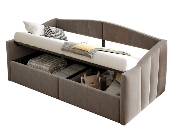 Polsterbett Sofabett 90*200 cm, Mit hydraulischer Lagerung, Mit Lattenrost und Armlehnen, Klassisch Gestreift, Multifunktionales Einzelbett, Hautfreundlicher Samtstoff, Grau Bild 5