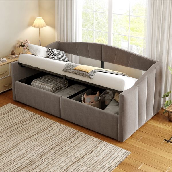 Polsterbett Sofabett 90*200 cm, Mit hydraulischer Lagerung, Mit Lattenrost und Armlehnen, Klassisch Gestreift, Multifunktionales Einzelbett, Hautfreundlicher Samtstoff, Grau