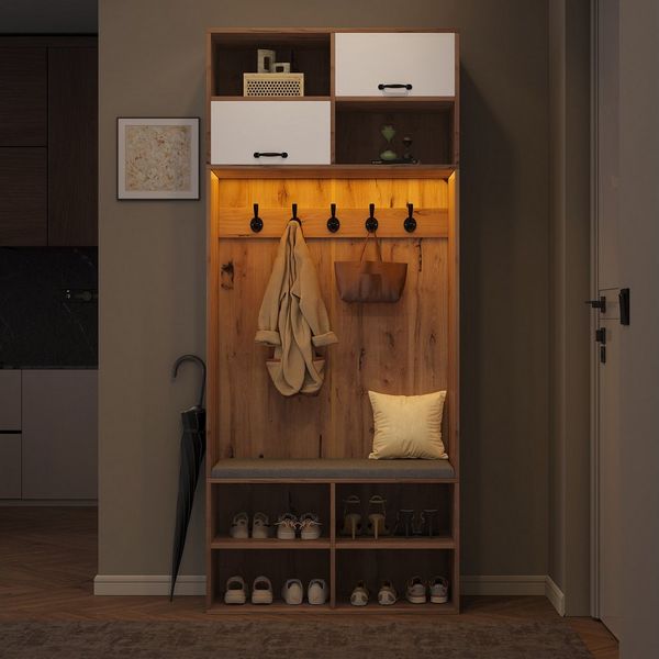 Flieks Garderoben-Set mit LED-Beleuchtung, Kleiderhaken, Schuhschrank und Sitzbank, (Holzoptik, 1-St, 80×185×35 cm (B×H×T), Garderobenständer mit Schuhregal, Sitzfläche und Kleiderstange Natur