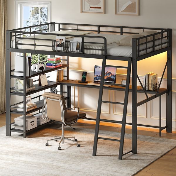 Merax Kinderbett, Metall-Hochbett (140x200 cm) mit integriertem Schreibtisch, Aufbewahrungskorb, Staufächern, USB-Ladestation und LED-Beleuchtung, Schwarz