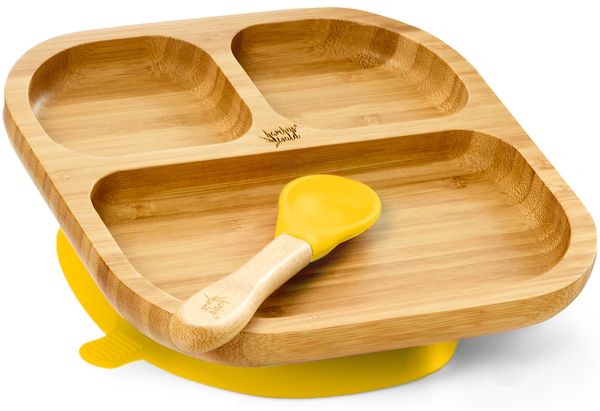 Kindergeschirr Bambusteller & Löffel 250 ml Saugnapf 18x18 cm Gelb