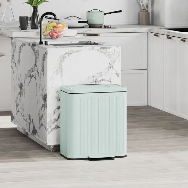 HOMCOM Mülltrennsystem 2x20 Liter Treteimer mit Soft-Close-Deckel Offenhaltefunktion Pedal, Grün, 45,5 x 36,5 x 51 cm
