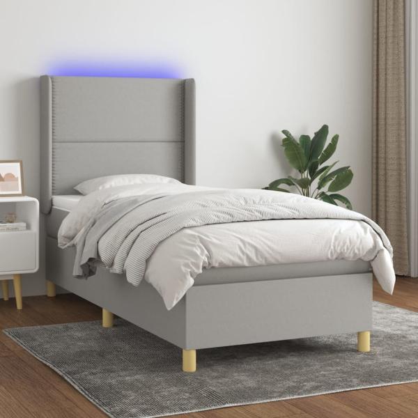 vidaXL Boxspringbett mit Matratze & LED Hellgrau 90x200 cm Stoff, Härtegrad: H2 [3138765]