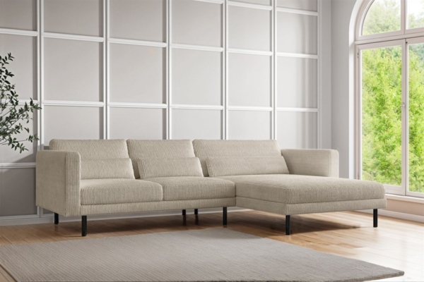 Ecksofa Designersofa AGADA in Stoff Poso Creme Ottomane Rechts
