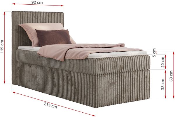 Boxspringbett TILIANO 90x200 Cord inkl. Bettkasten, Einzelbett 7-Zonen Multipocket-Matratze & Topper, Modernes Design mit hohem Kopfteil - Hellbraun Cordstoff - H3 - Topper T25 Bild 4