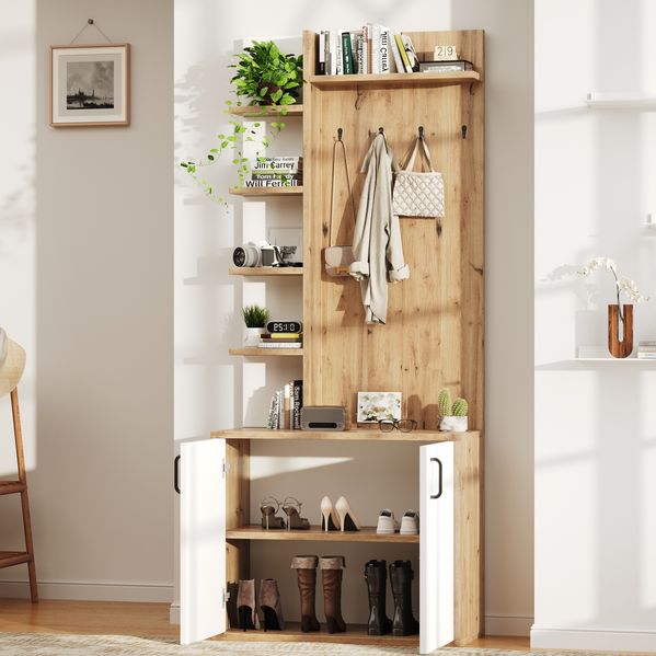 Flurgarderobe B 75 x T 33 x H 180 cm aus Spanplatte in Holzoptik Weiß mit Schrank und 6 Ablagen