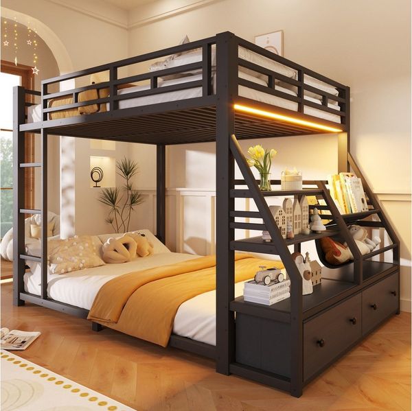 Flieks Etagenbett, Metall Kinderbett 140x200 cm mit LED-Beleuchtung & seitlichem Stauraum