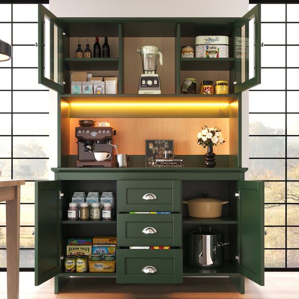 Merax Küchenschränke (120 x 40 x 179 cm), hohe Küchenschränke, Sideboards, Küchenschränke mit braunen Glastüren und LED-Beleuchtung, grün