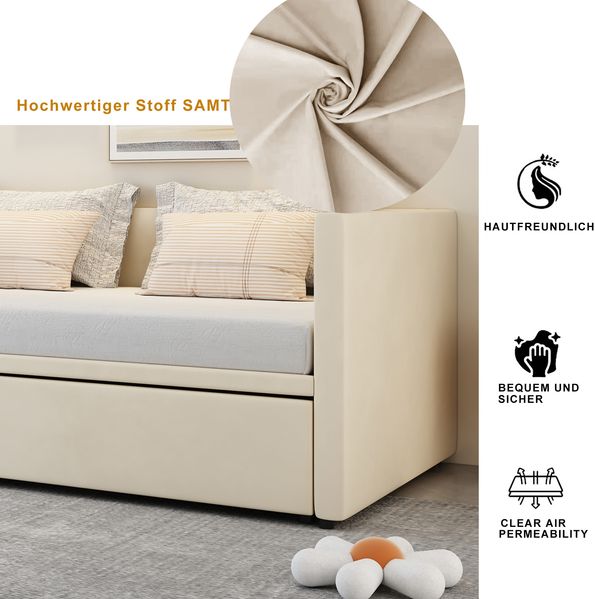 Ausziehbares Schlafsofa Samt 90x200 zu 180x200 cm Modernes Polsterbett mit Lattenrost Platzsparendes Gästebett Jugendbett Zwei Einzelbetten Kombination Flexibles Wohnzimmer Sofa Bild 4