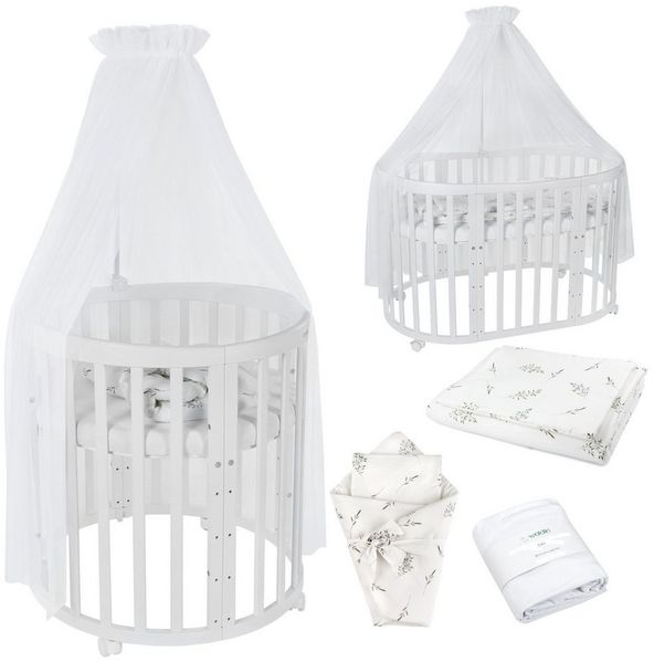 Waldin Oval Baby-Bett Mitwachsend Komplett Set 7in1, Gitterbett, Kinderbett mit Matratze, Wickelkommode, Beistellbett, Holz Weiß, Stoffe Weiß Zweige