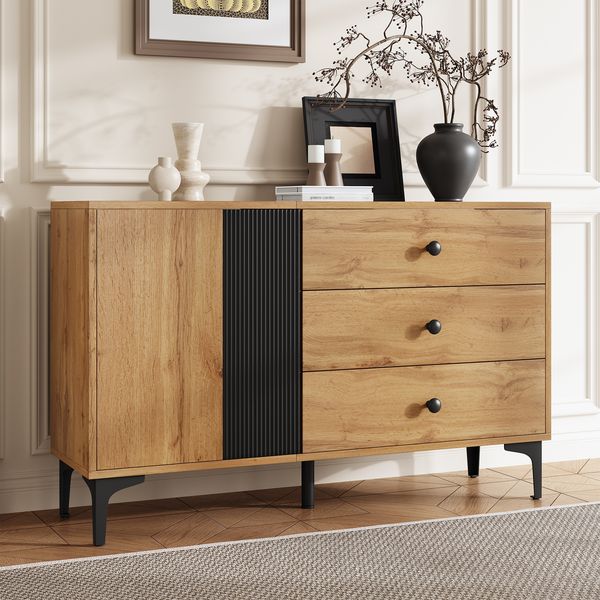 Sideboard 120cm×35cm×76cm Holzmaserung vertikale Streifen Natur Schwarz Schrank Schubladen
