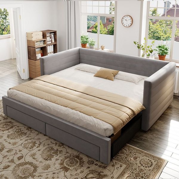 Flieks Daybett, Polsterbett Schlafsofa mit Ausziehbett 90/180x190cm mit 2 Schubladen