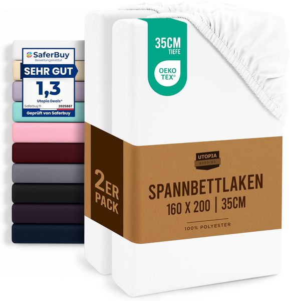 Utopia Bedding - 2er Set Spannbettlaken 160x200 cm - Weiß - Oeko-Tex Zertifiziertes - Gebürstete Mikrofaser Spannbetttuch - 35 cm Tiefe Tasche