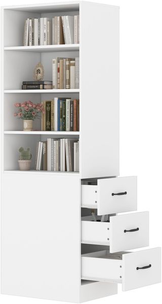 Flieks schmales Bücherregal 60 × 38 × 180 cm, Hochschrank mit seitlichen Schubladen, verstellbaren Einlegeböden, links/rechts montierbar, Weiß