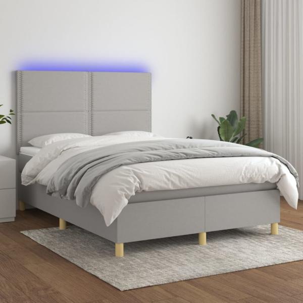 vidaXL Boxspringbett mit Matratze & LED Hellgrau 140x200 cm Stoff 3135357