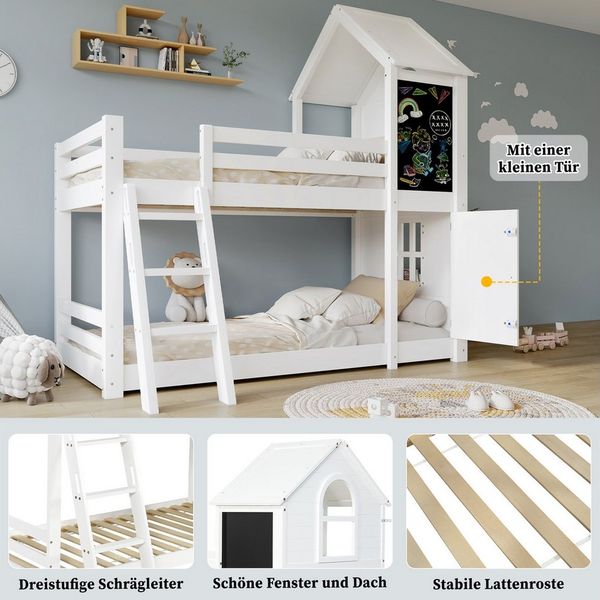 REDOM Etagenbett mit Dach, Fenstern, kleiner Tür und Tafel, Leiter mit drei Stufen (Kinderbett Einzelbett), ohne Matratze 90x200 cm