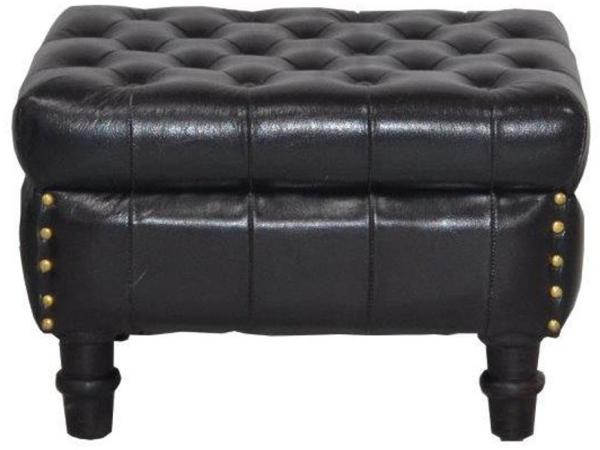 Casa Padrino Echtleder Hocker Schwarz 50 x 40 x H. 35 cm - Luxus Chesterfield Fußhocker Vintage Design