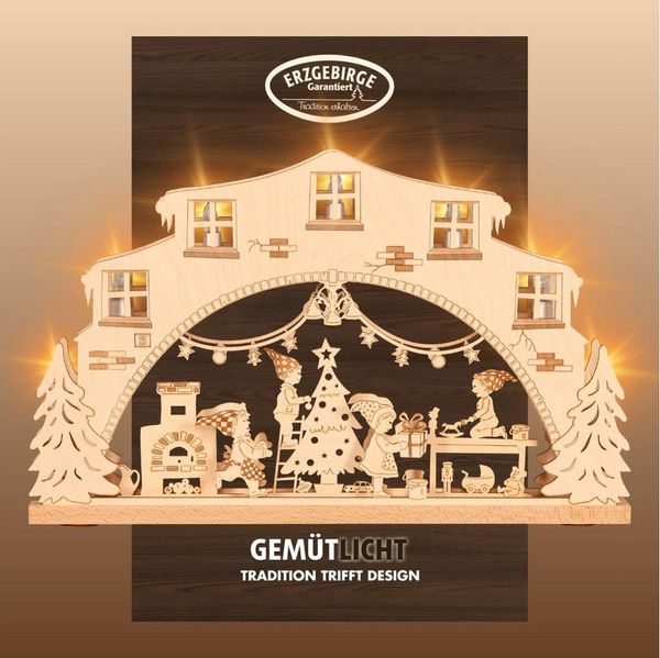 Weigla Schwibbogen Wichtelwerkstatt, Lichterbogen aus Holz, NATUR, Made in Germany, Erzgebirge garantiert, Weihnachtsdeko Innen, Weihnachtsbeleuchtung