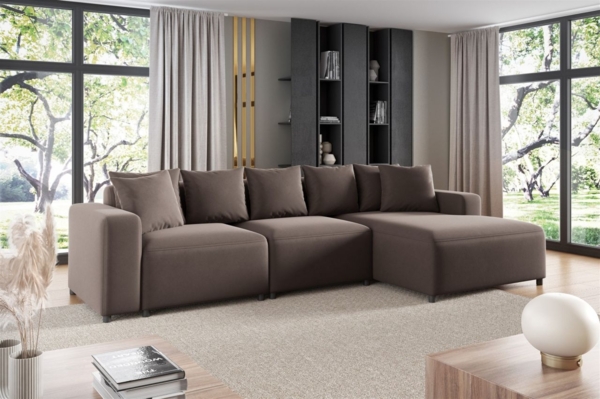 Ecksofa Designersofa Sofa MEGAN in Stoff Salvador Braun Ottomane Rechts