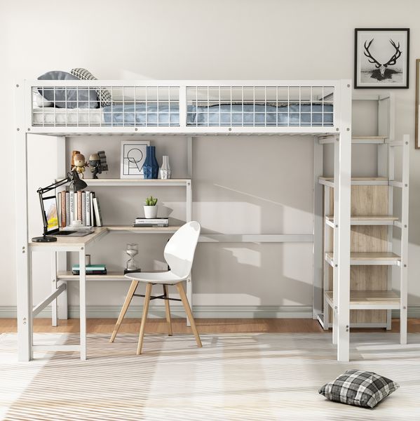 Bett 140x200 cm mit Hochbett-Design, integriertem Schreibtisch und Einbauschrank – platzsparend und stabil