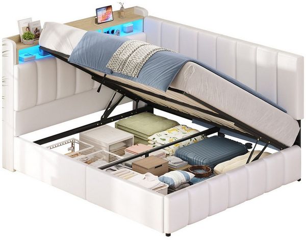 KIMENICH Jugendbett Polsterbett mit LED, Ladestation & Bettkas, Daybett, Schlafsofa (Ohne Matratze), Tagesbett für Schlaf- und Gästezimmer in 140x190 cm