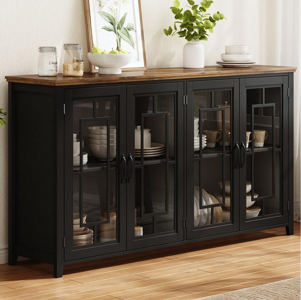 Flieks Sideboard Kommode mit 4 Glastüren und Arbeitsplatte in Holzoptik (160 x 40 x 86 cm, 1 St, Schrank für Esszimmer, Wohnzimmer und Schlafzimmer), Mehrzweckschrank Küchenschrank Multifunktionsschrank Schwarz
