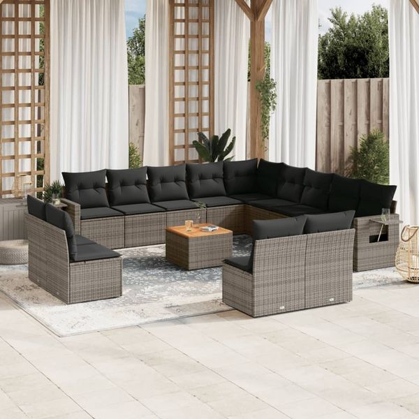 vidaXL 14-tlg. Garten-Sofagarnitur mit Kissen Grau Poly Rattan 3224821