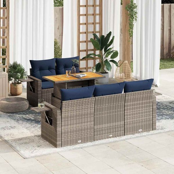 vidaXL 6-tlg. Garten-Sofagarnitur mit Kissen Grau Poly Rattan 3327106
