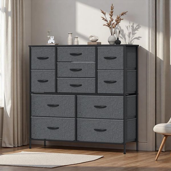 Feonase Stoffkommode mit 11 Schubladen, Schubladenschrank & Komode, Metallrahmen & MDF-Deckplatte, verstellbare Füße, Aufbewahrung für Schlafzimmer, Wohnzimmer, Flur, Dunkelgrau