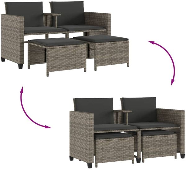 vidaXL Gartensofa 2-Sitzer mit Tisch und Hockern Grau Poly Rattan 368418 Bild 8