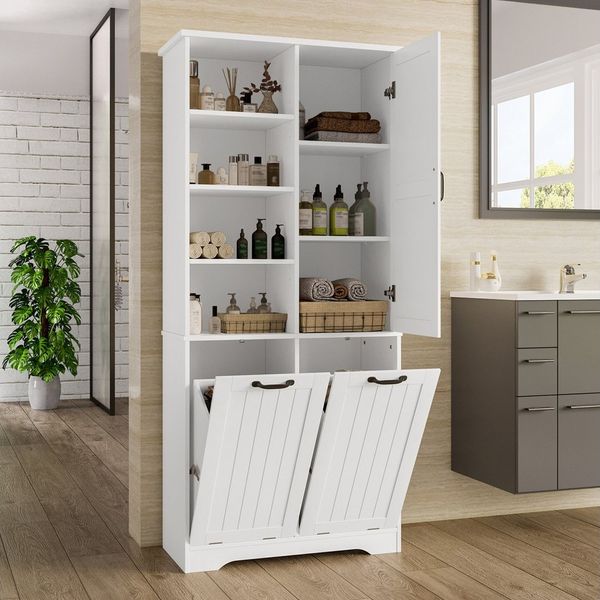 Flieks Badkommode Hochschrank mit doppelter Wäschekorb, 7 Fächern (B78/T35/H172,7 cm, 1 St, mit verstellbaren Einlegeböden und 2 Klappen), Badezimmerschrank feuchtigkeitsbeständiger Holzschrank aus MDF Weiß